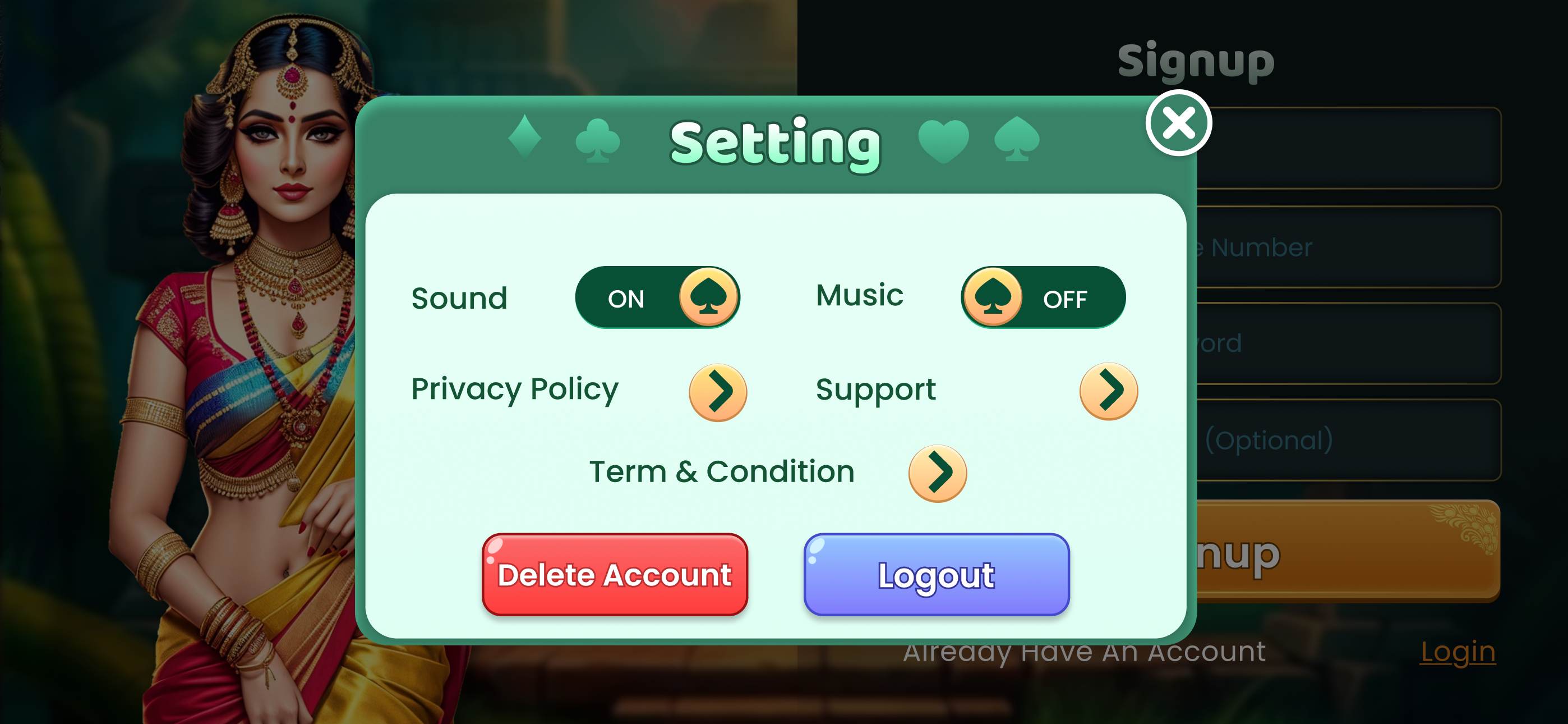 Game screen of private rummy